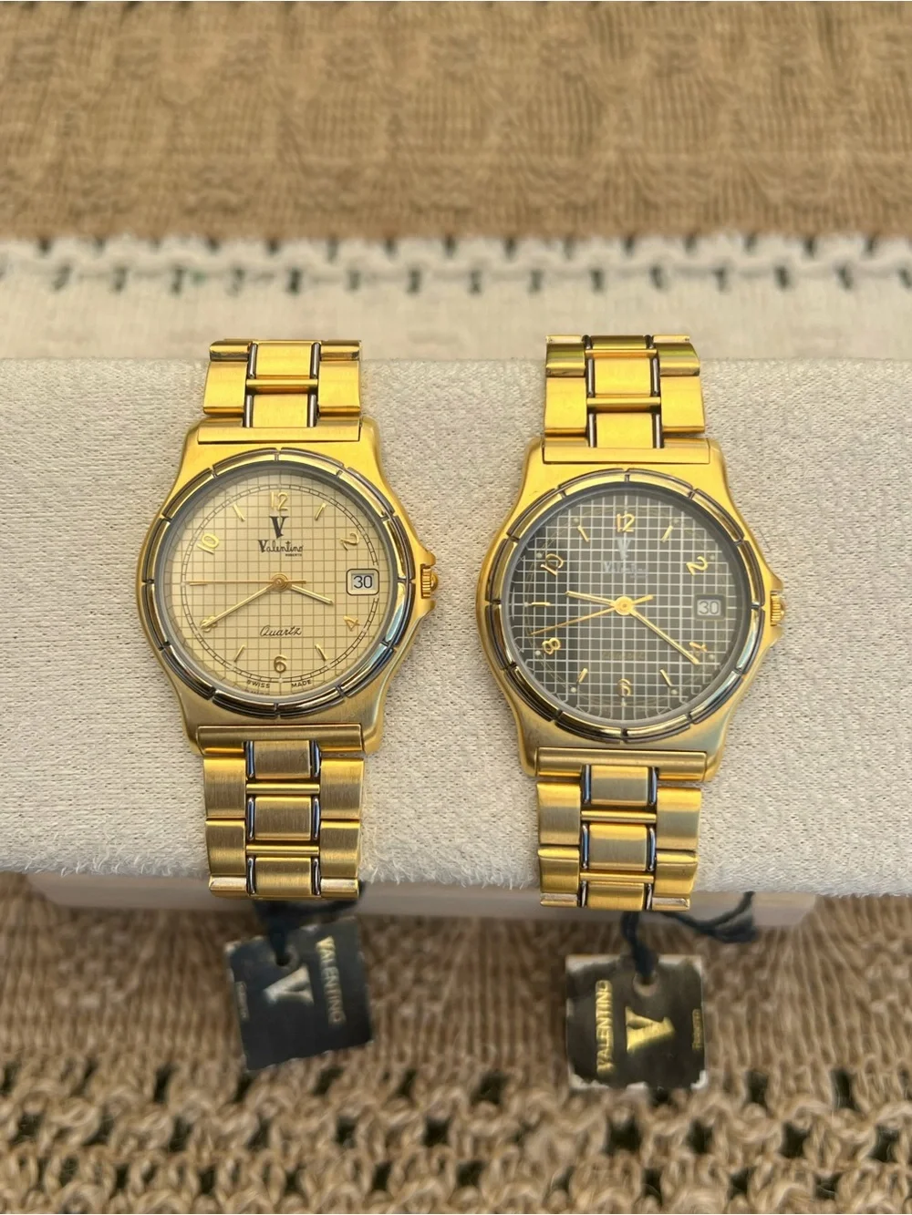 Rare Vintage 80’s Valentino Men’s Gold-Tone Watch with Grid Dial Swiss Made